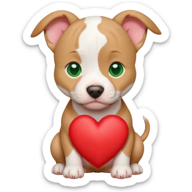 White and tan pitbull puppy with green eyes and cropped ears holding a heart sticker