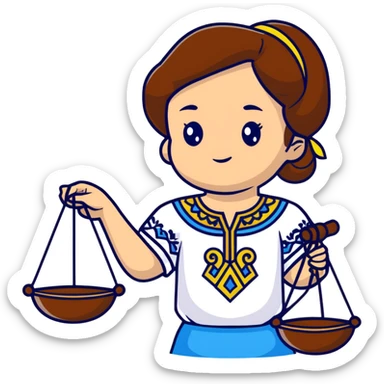 Ukrainian girl with brown hair wearing a traditional embroidered vyshyvanka shirt, holding scales of justice in her hand sticker