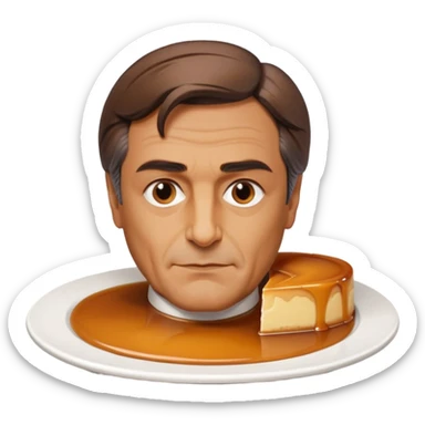 bust of François Fillon made of flan, caramel hair, detailed facial features, sitting on a white plate sticker