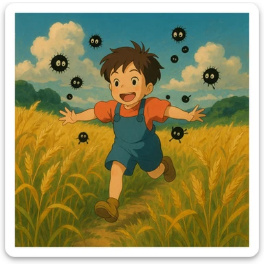 A child running through a golden wheat field, chased by playful dust spirits. sticker