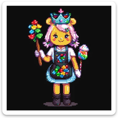 A playful baker in a pastel-pink candy lab. Walls of bubblegum bricks, frosting-covered counters, and a cupcake-shaped oven. The baker wears a gummy bear-studded apron, marshmallow gloves, and a rock candy crown. UI elements look like melting lollipops, candy cane sliders, and syrupy transitions. sticker