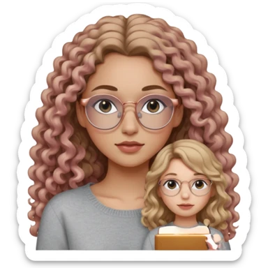aesthetic white girl with dark blonde, long curly hair , in front of the girl's sholders and black eyes  , light grey sweater top and rose gold glasses sticker
