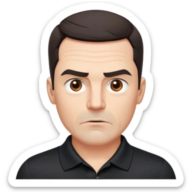 Middle-aged man with strong square face, pronounced jawline, full cheeks, manic energy with intense stare, dark brown eyes, thick raised eyebrows, wide proportional nose, mouth slightly open in disbelief, short dark hair neatly styled, wearing a black polo shirt sticker