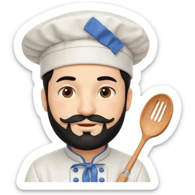 CHEF CON PIEL BLANCA, GORRO DE CHEF, PELO NEGRO Y BARBA NEGRA, OJOS MARRON OSCURO. SONRIE Y TIENE MARCAS DE BESOS CON FORMA DE LABIOS EN LAS MEJILLAS  sticker