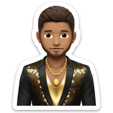 Usher with dark brown hair, black sequin suit jacket, shirtless with necklace sticker