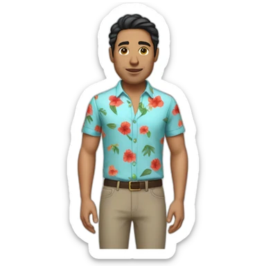 white man with dark hairs with a flower shirt and a red pant sticker