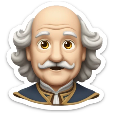 Short pudgy old man over enthusiastic happy excited face bald forehead long wavy gray and brown brunette long wavy hair moustache Shakespearean dress vintage clothes hamlet small arms sticker