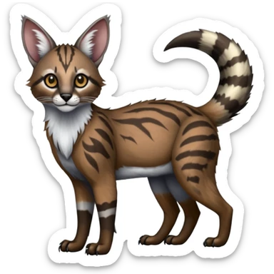 Realistic patterned marked edgy greyish blackish whitish silvery coppery Shiny Colorful Glossy Genet-Caracal-Lion-Bobcat-fusion-animal-hybrid-creature, full body, big-tufted-bat-ears, long-thin-tufted-white-tipped-tail sticker