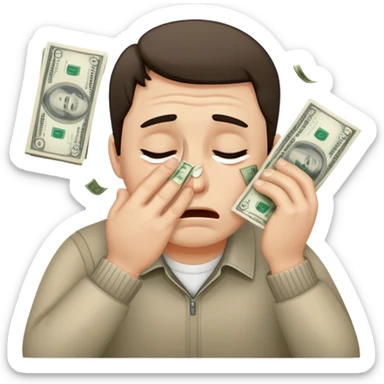 The man crying and wipes his face with money sticker