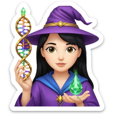 Female wizard with black hair holding a double helix DNA in her hand sticker