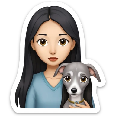 Slim Chinese girl with long black hair holding solid grey Italian greyhound with no white markings on nose sticker