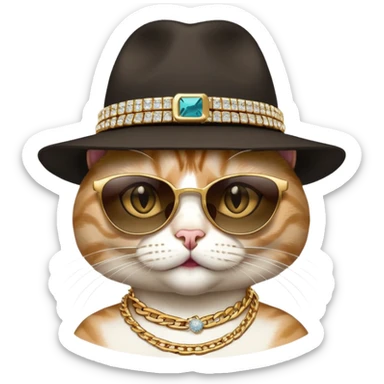 female cat close-up head and shoulders wearing Run DMC style, fedora, dark sunglasses, gold chains, bling sticker