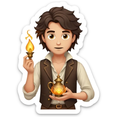 Cinematic Realistic Aladdin Portrait, depicted with lifelike, warm skin textures and a confident yet approachable gaze. His dark, wind-tousled hair frames expressive eyes full of adventure and kindness. Dressed in his iconic vest and loose trousers with intricate detailing, he holds a subtle glimmer of a magic lamp, all rendered under soft natural lighting with a radiant glow that captures his resourceful spirit. sticker