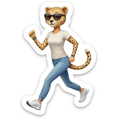 friendly anthropomorphised female cheetah in jeans and t-shirt, wearing dark sunglasses, jogging upright in standard pose sticker