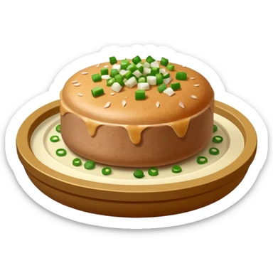 Emoji of a Chinese steamed pork patty in a small dish, topped with chopped scallions, soft texture, minimal style. sticker