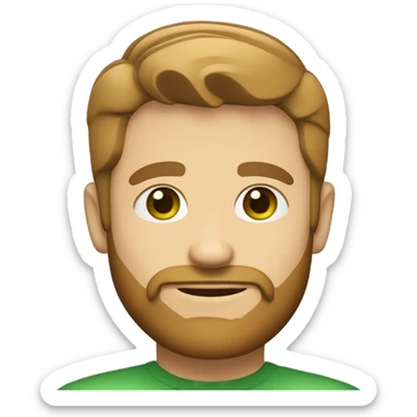 Create a cartoon-like emoji of a man with short, light brown hair, trimmed beard, light skin, and green eyes. Use bold lines and a solid background, keeping the style simple and clean, without exaggerated features. sticker