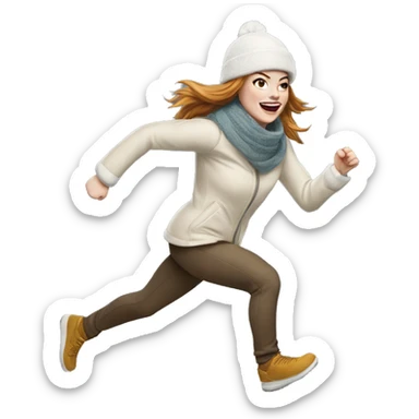 Emma Stone running, with a large stride and arms outstretched, with long golden brown hair, wearing an snow hat and scarf sticker