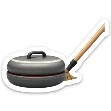 An icon showing a detailed close-up of a curling stone sliding across the ice, with a broom in motion beside it. The background features an indoor stadium with cheering spectators on the stands. Transparent background captures the strategy and focus of curling. sticker