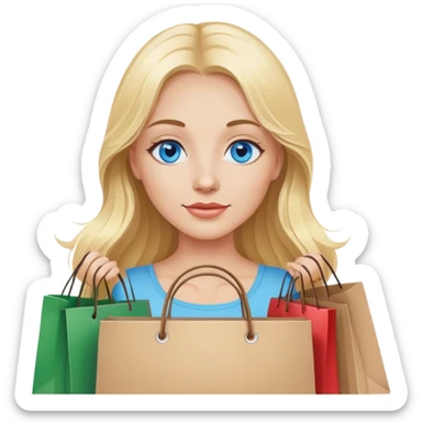 Cinematic realistic blonde with long hair, blue eyes goes shopping in her hands sticker