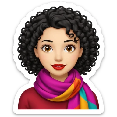 emoji of a young fashionable woman, curly black hair, wearing a colorful scarf and bold lipstick, confident expression sticker
