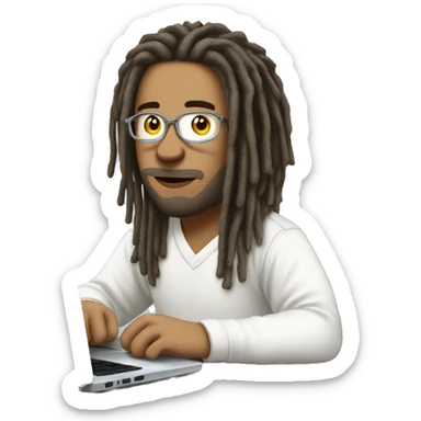 white-guy-with-dreads-wearing-white-trackstuit-sitting-down-on-chair facing-foward-focused-on-laptop-computer- sticker