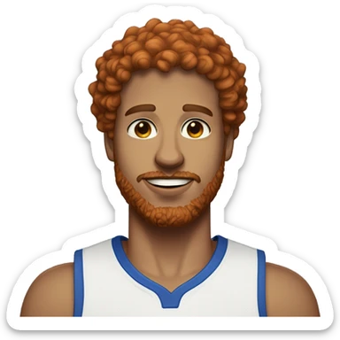 35 year old, male, short curly red hair, pale, beard, blue eyes, basketball hat sticker