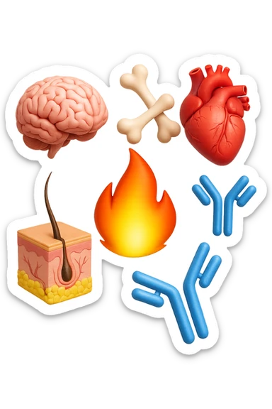 EMOJI STILE IPHONE 3D DI cervello, ossa, cuore, porzione di epidermide e cellule di anticorpi che girano in tondo, al centro di questi elementi c'è una fiamma 3d  FALLO MOLTO REALISTICO IN 3D sticker