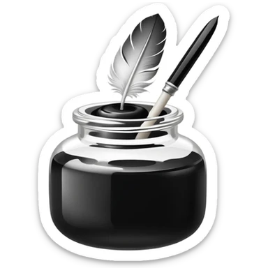 polished white ink pot, vintage style, with a lightly curved white feather quill dipped in, minimal and glossy, black background, emoji style sticker