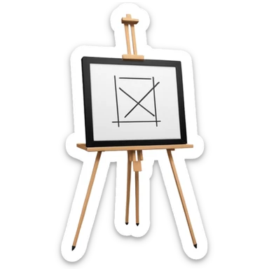 Minimalistic flat vector icon, iOS style, thin black contour on white background. Easel holding a canvas with simple sketch lines, pencil beside it. No text, no shadows sticker