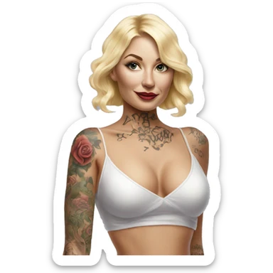 Blonde elegant women, her Body Covered with Tattoos, POINTING YOU with her ONE HAND , Hyper realistic sticker