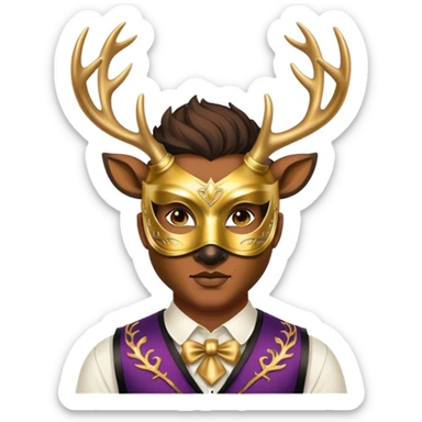 a man, with a vest,  wear half-face golden Deer masquerade mask sticker