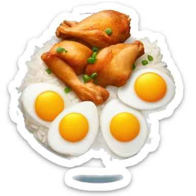 a bowl of rice with two eggs and chicken thigh sticker