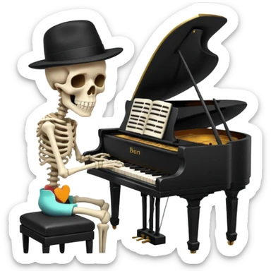 A human skeleton wears a black hat and plays the piano. sticker