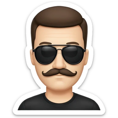Man with big moustache, black aviators, and a black T-Shirt sticker