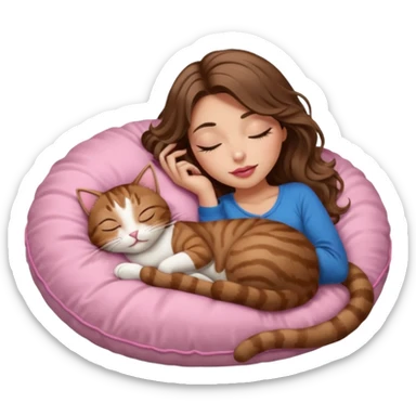 girl with long wavy brown hair, brown eyes, long lashes makeup, sexy pink lips, light to medium complexion,  sleeping on a cozy pillow, with brown tabby cat, sleeping sticker