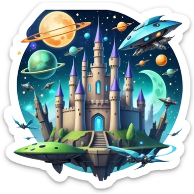 Icon for Fantasy and Sci-Fi Movies: A magical collage with flying dragons. futuristic spaceships and UFOs. Stars and planets shimmer in the background with a mystical castle Hogvards an ancient wizard and robots. The atmosphere is epic, otherworldly and adventurous. Transparent background. sticker
