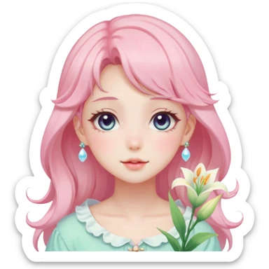 Gorgeous pastel anime style lady with blushing face and lilies cottagecore fairycore pastelcore colorful pearly romantic simplistic aesthetic trending style sticker