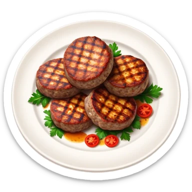 Cinematic Realistic image of Turkish Köfte, presented as perfectly formed, spiced meat patties with detailed textures and subtle grill marks, arranged artfully on a simple plate and illuminated by warm, appetizing lighting that accentuates their savory appeal. sticker