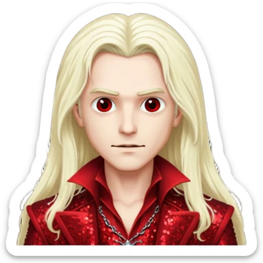 Alucard, Son of Dracula with long platinum blonde hair, dark red sequin outfit  sticker