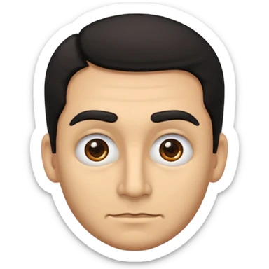 emoji a medio cuerpo hasta la cintura, hombros anchos, de un hombre, con cejas gruesas inclinadas hacia abajo, nariz medio grande, hombros anchos, sin sonrisa, hombros anchos, cabello medio ondulado con un corte juvenil, cabello negro. ojos negros. sticker