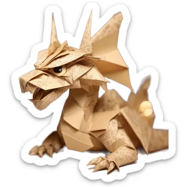 Sparkling patterned Beige Origami dragon with a dried flower crown made of newspapers intricate patterns surrounded by fairy lights sticker