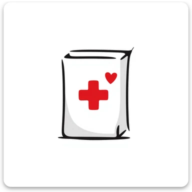 Hand-drawn intimate health clinic packet with red cross and small heart icon, sealed medical packet sticker