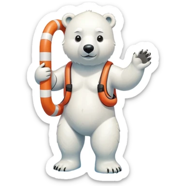 full body friendly anthropomorphised polar bear wearing swim suit and scuba goggles holding life buoy standing in puddle sticker