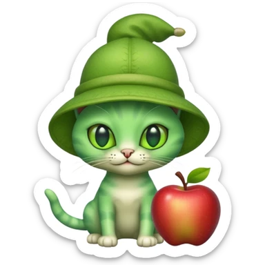 An alien cat with an apple hat with cash all around it sticker