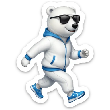 friendly anthropomorphised polar bear jogging upright wearing a tracksuit and sneakers, dark sunglasses sticker
