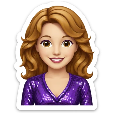 Lee Purcell with medium golden brown wavy hair, dark purple sequin outfit sticker