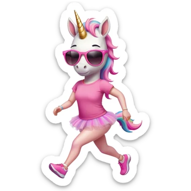 friendly anthropomorphised female unicorn in tutu and pink t-shirt, wearing dark sunglasses, jogging upright in relaxed pose sticker