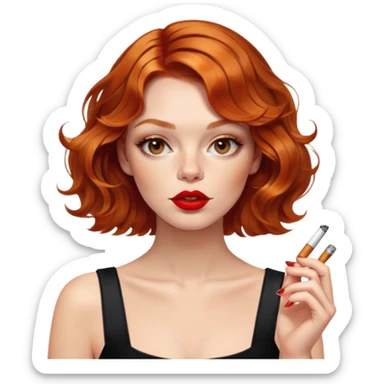 Alluring ginger French girl french shiny brown wavy textured bob haircut tousled hair red lips smoking cigarette sticker