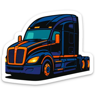 2026 Black Kenworth T680 Sleeper semi truck, side view, headlights on, vibrant cartoon style, no background sticker