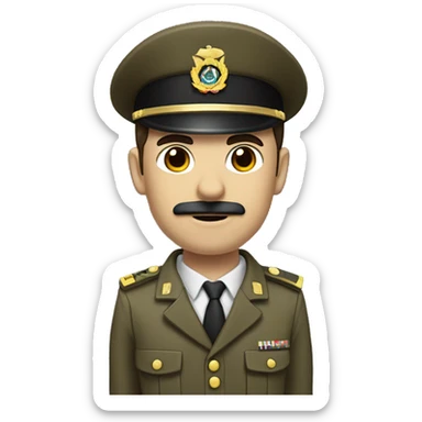 Man in military uniform with thin vertical mustache and parted dark brown hair. Holding his right arm raised at a 45 degree angle upward sticker